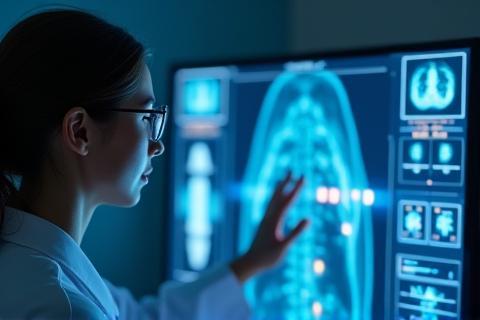 Healthcare professional looking at medical data on a screen, potentially AI-assisted diagnostics